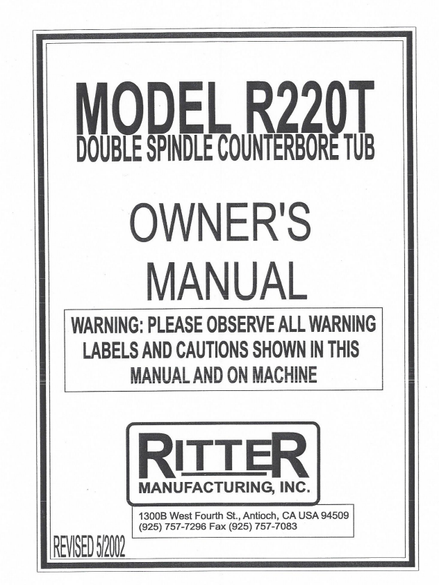 R220T Ritter Machinery Manual Pre 2015 Models